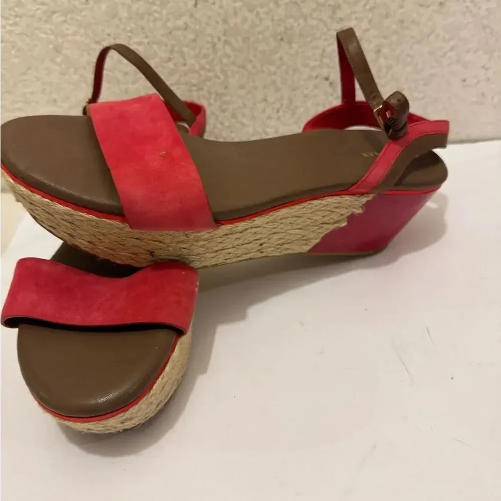 COLE HAAN Red Suede Patent Leather Wedges Espadrille Sandals Ankle Strap 10C